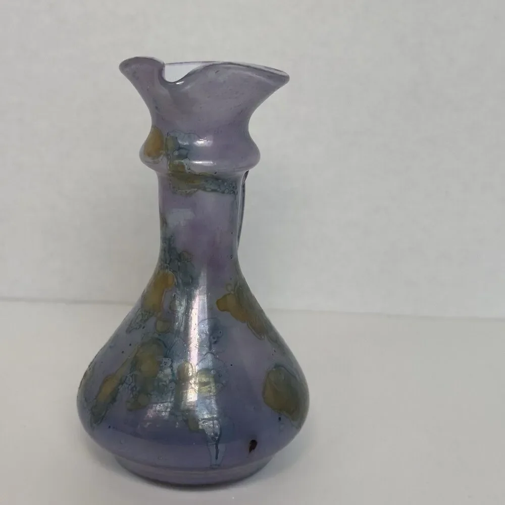 Israel Rueven Art Glass Jug Vase Hebron Purple Lavender Iridescent Body Pinched